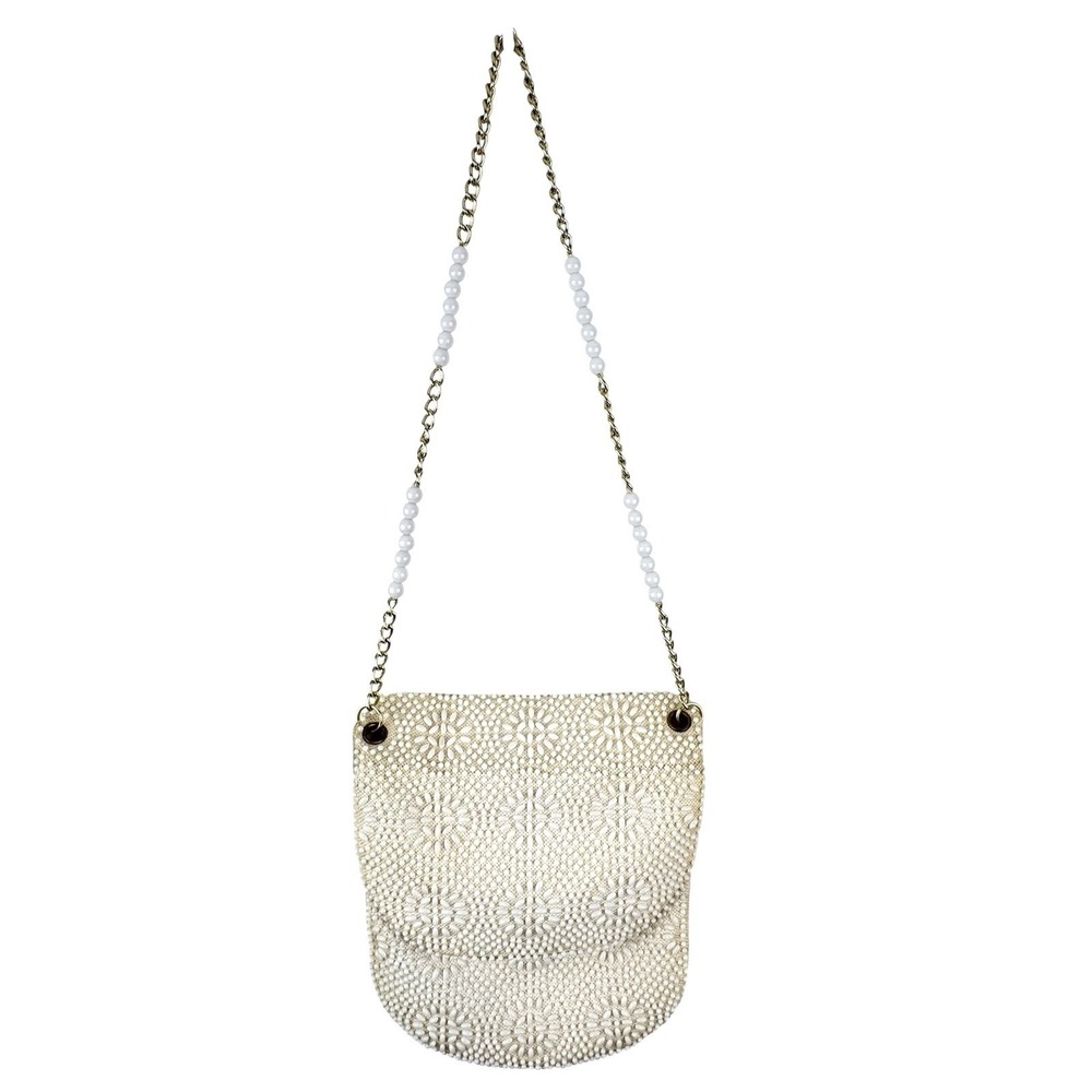 VTG Beaded Purse Ivory Gold Shoulder Chain Evening Retro Elegant Formal 50s 60s - Picture 4 of 16